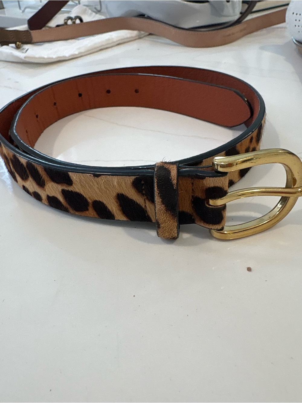 J. Crew Leopard Calf-Hair Belt with Gold Buckle and Black Trim